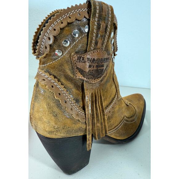 El Vaquero Women’s Pecos Ankle Boots Brown Leather Fringe Studded Size 41 Boho - Picture 9 of 14